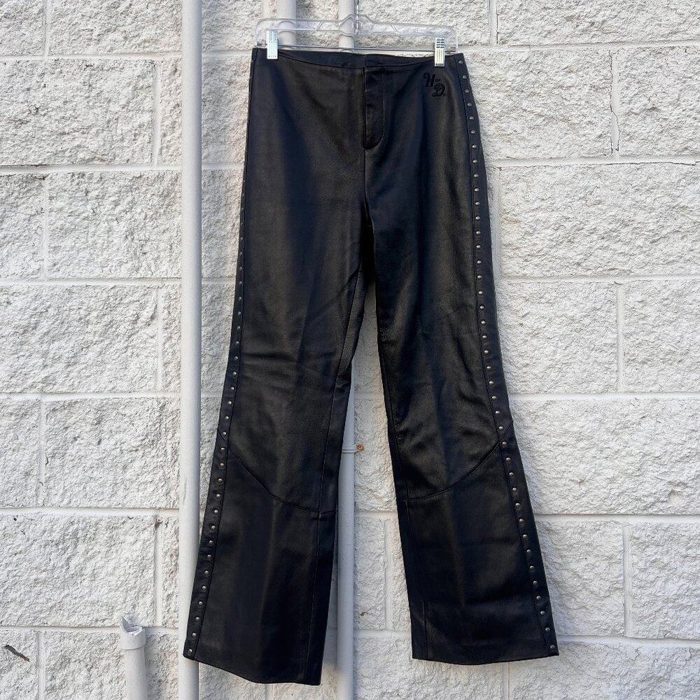 Harley Davidson Studded Black Genuine Leather Pants w Back Lace Up Detail Sz 10
